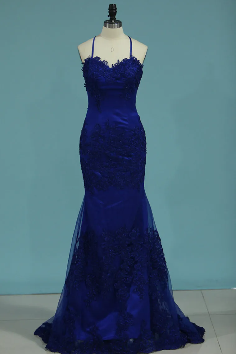 2024 Prom Dresses Spaghetti Straps Mermaid Tulle With Aplliques Open Back