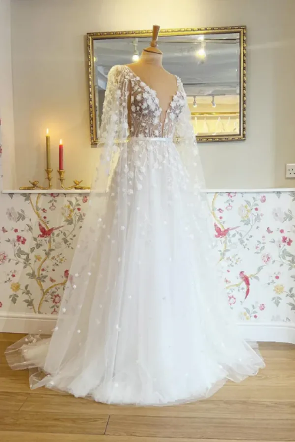 3D Flowers See Through Bodice Bridal Gown V Neck Wedding Dress with Detachable Sleeves PFW0638