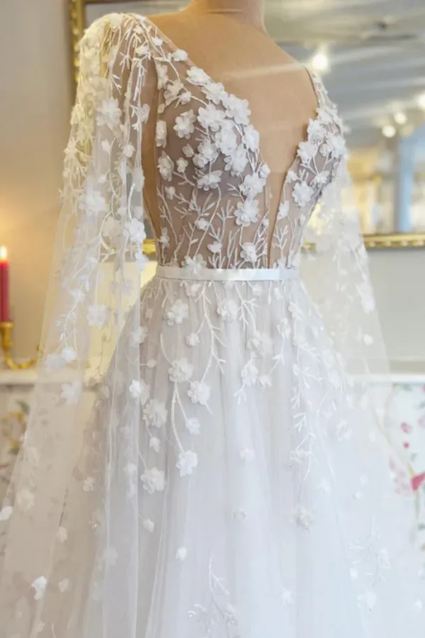 3D Flowers See Through Bodice Bridal Gown V Neck Wedding Dress with Detachable Sleeves PFW0638