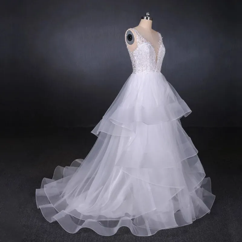 A Line V Neck Layered Backless Wedding Dress, Long Bridal Gown PFW0419