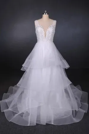 A Line V Neck Layered Backless Wedding Dress, Long Bridal Gown PFW0419