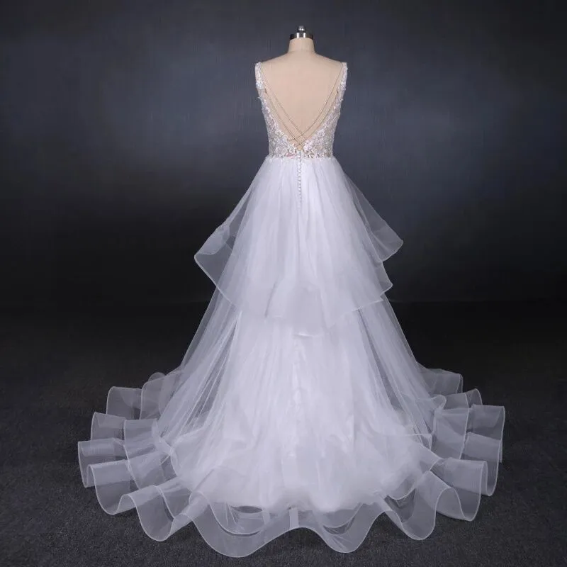 A Line V Neck Layered Backless Wedding Dress, Long Bridal Gown PFW0419