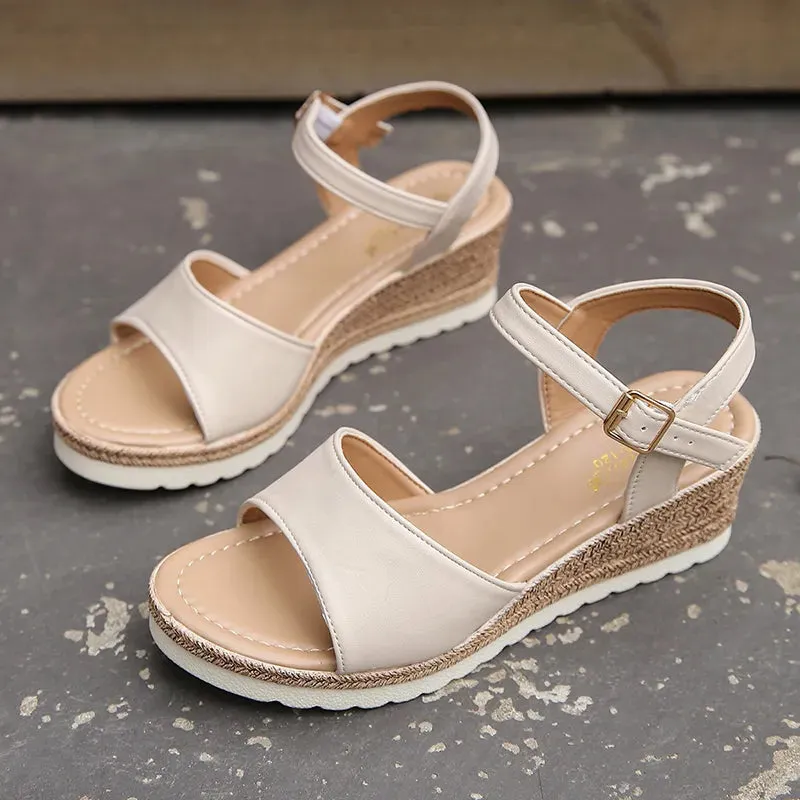 AMOZAE- - New look Women's Lightweight Black PU Leather Wedge Sandals