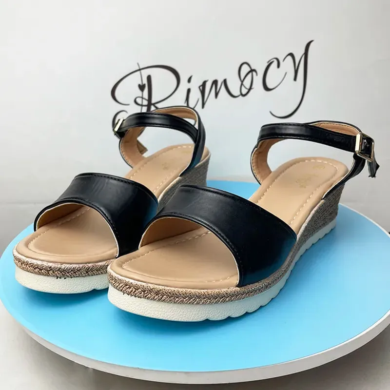 AMOZAE- - New look Women's Lightweight Black PU Leather Wedge Sandals