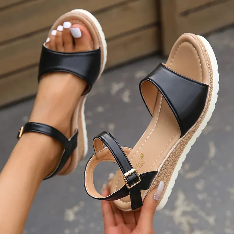 AMOZAE- - New look Women's Lightweight Black PU Leather Wedge Sandals