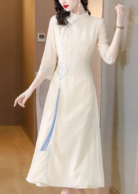 Apricot Embroidered Tassel Silk Long Dresses