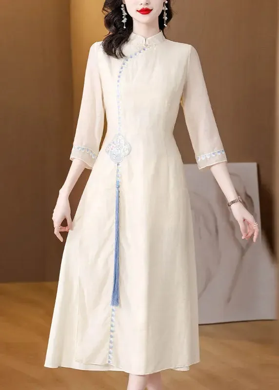Apricot Embroidered Tassel Silk Long Dresses