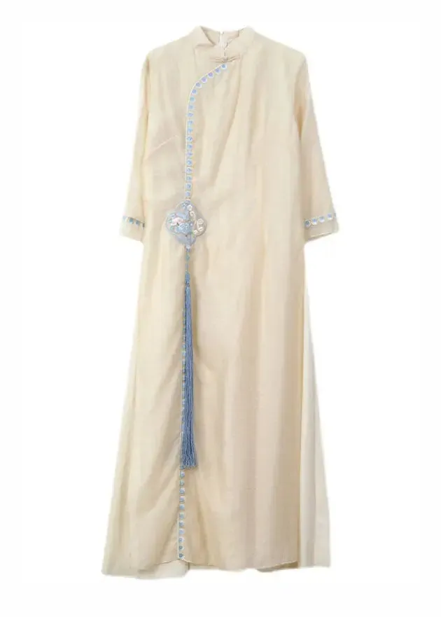 Apricot Embroidered Tassel Silk Long Dresses