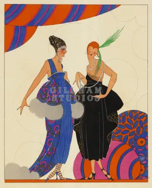 Art deco women standing wearing fancy dresses