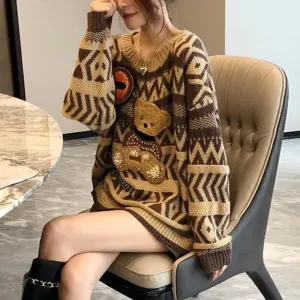 Brown Multi Geometric Bear Design Pull-over Sweaters - Ailime Designs