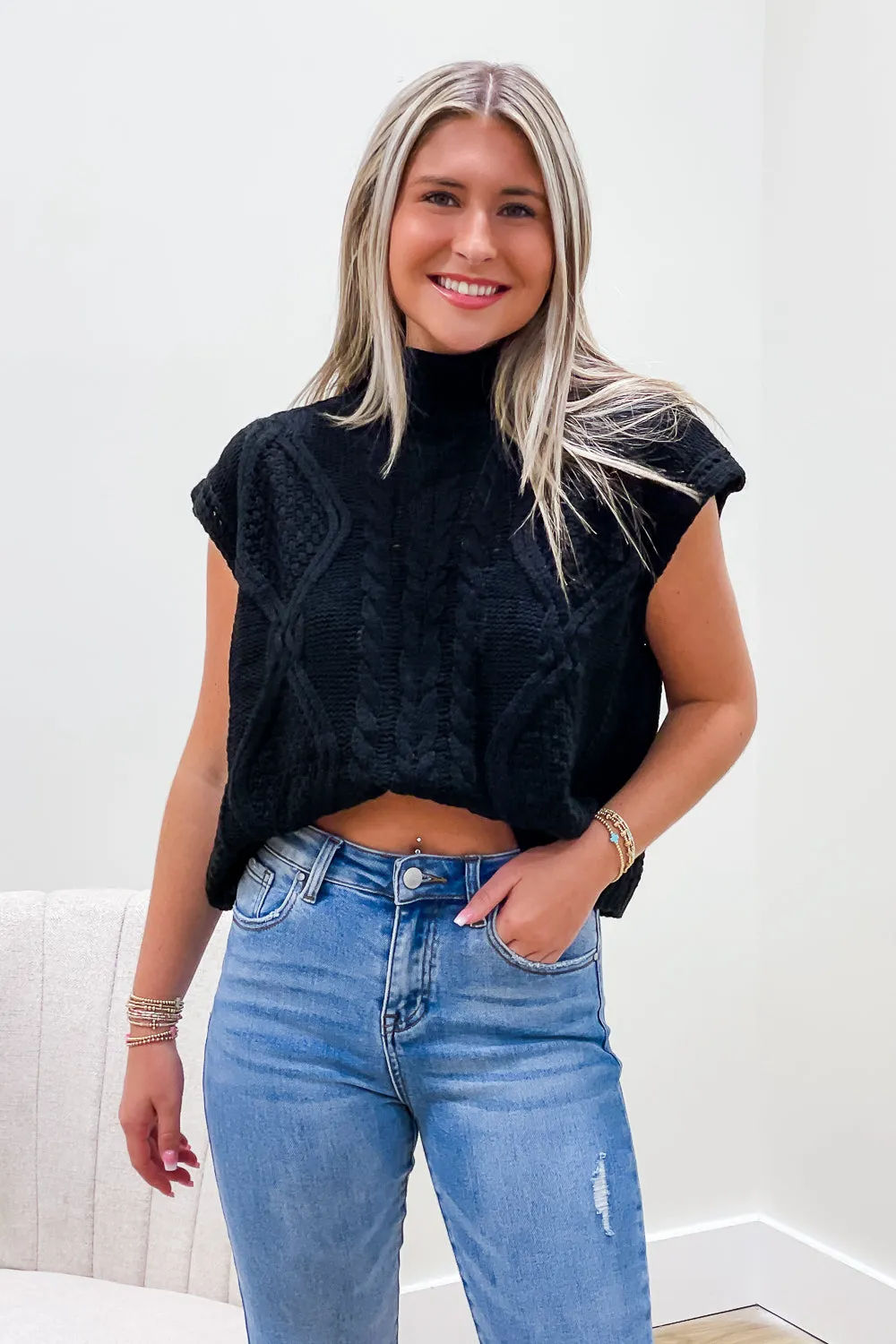 Calm & Cozy Sleeveless Mock Neck Sweater - Black