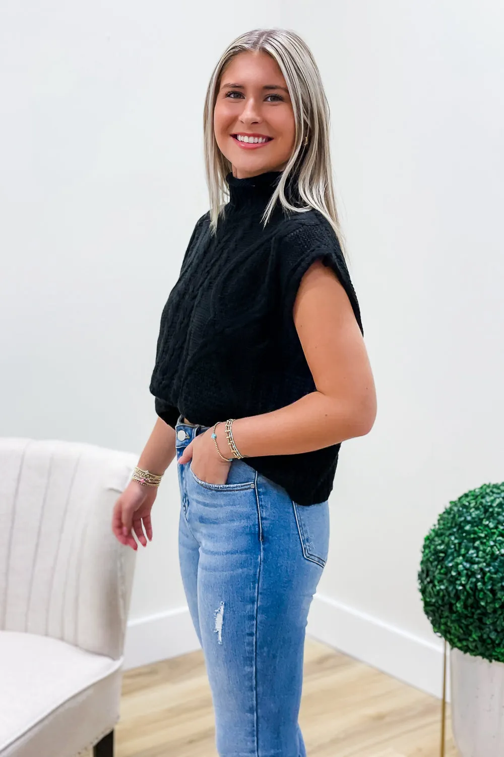 Calm & Cozy Sleeveless Mock Neck Sweater - Black