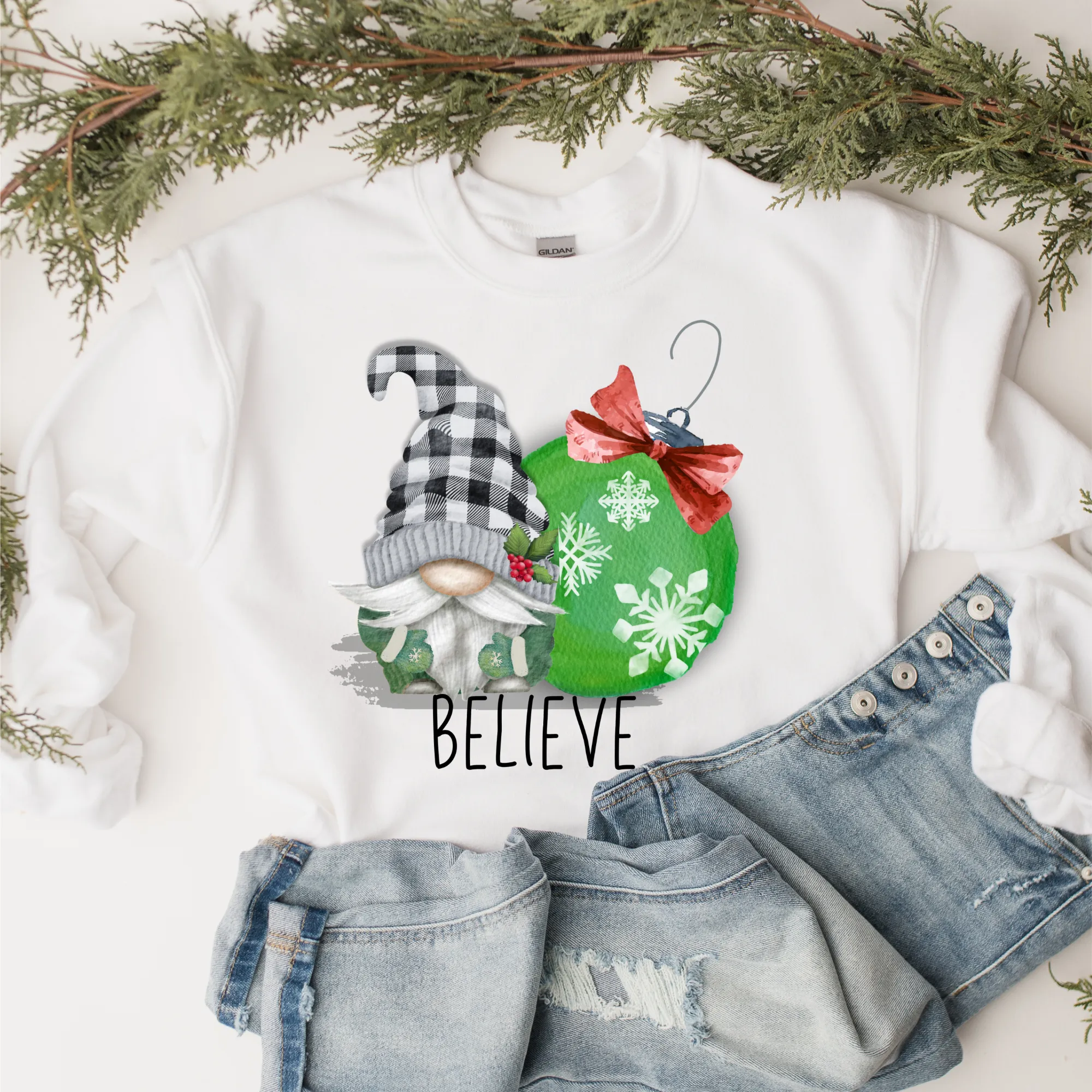 Christmas Gnome Crewneck Sweatshirt Cozy Soft Gildan Believe Sweatshirt Cute Green Gnome and Christmas Ornament Christmas Gift