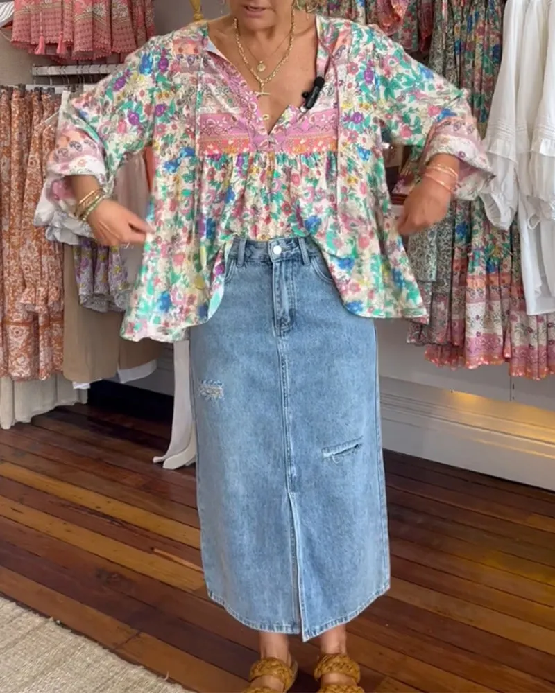 Colorful floral print casual blouse