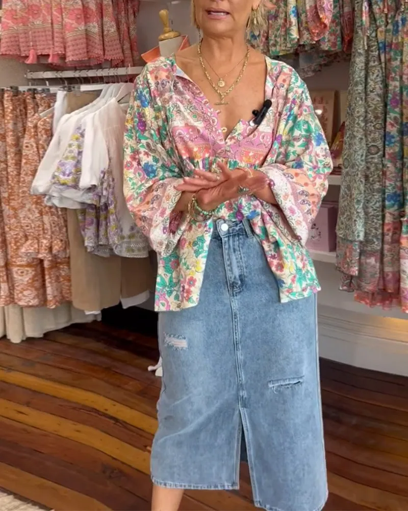 Colorful floral print casual blouse