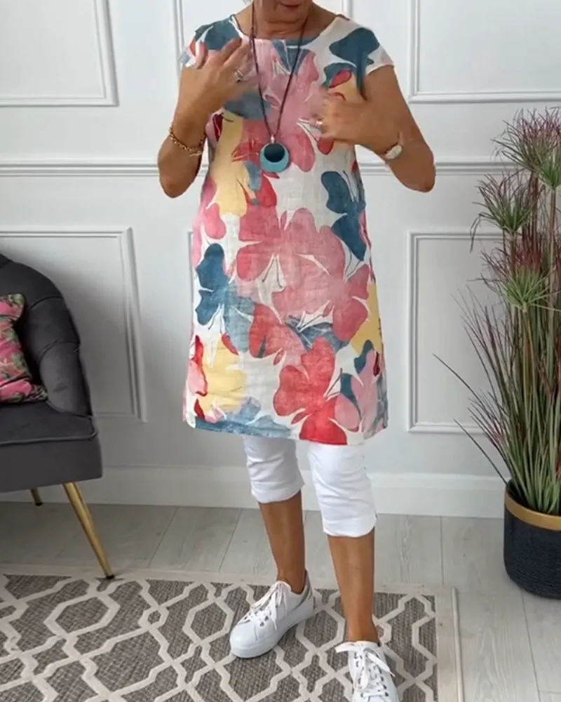 Colorful floral print casual long top