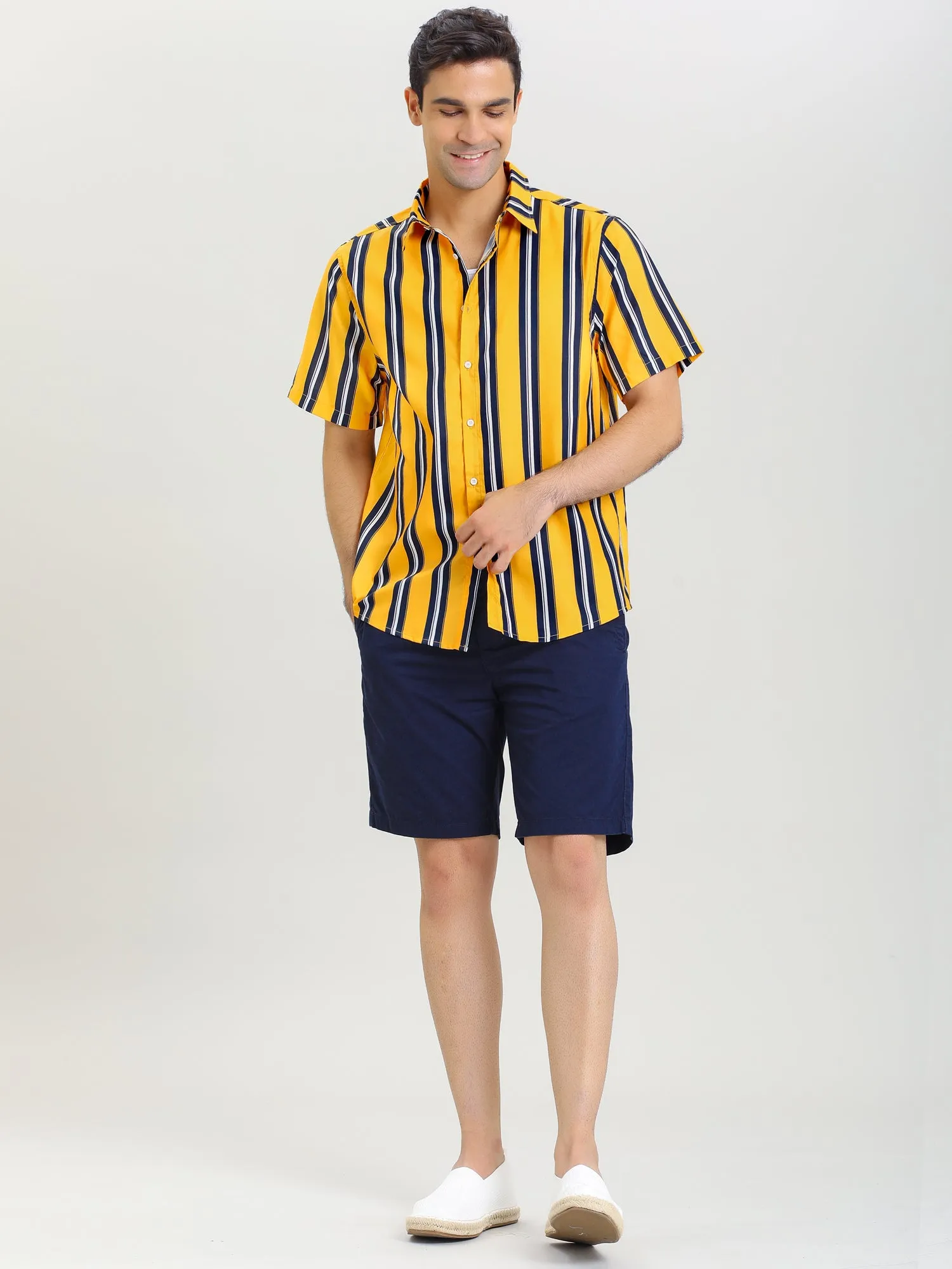 Colorful Vertical Stripe Short Sleeve Lapel Button Shirt