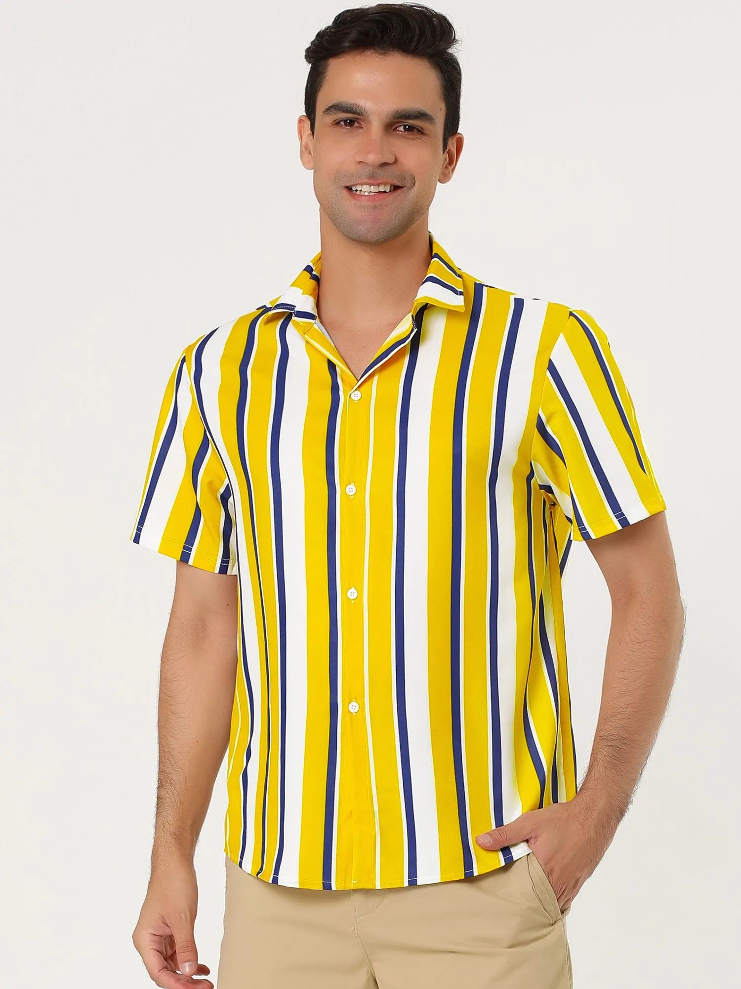 Colorful Vertical Stripe Short Sleeve Lapel Button Shirt