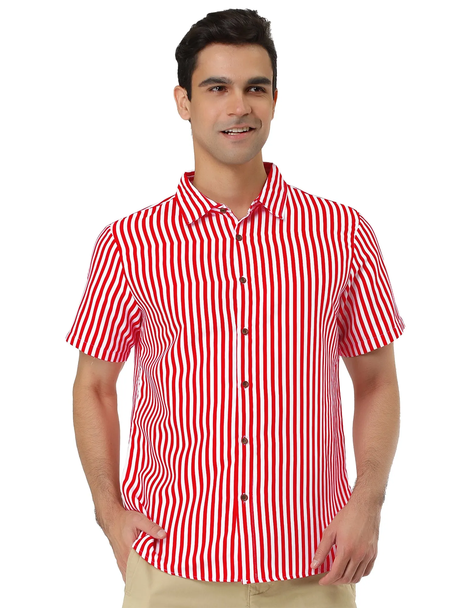 Colorful Vertical Stripe Short Sleeve Lapel Button Shirt
