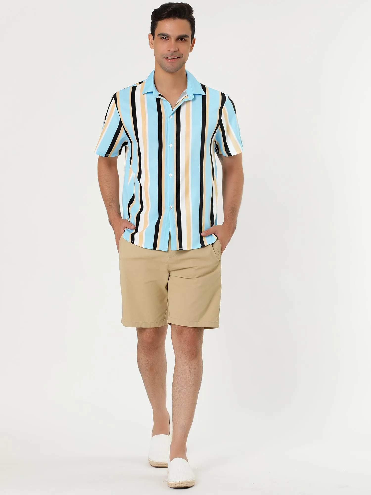 Colorful Vertical Stripe Short Sleeve Lapel Button Shirt