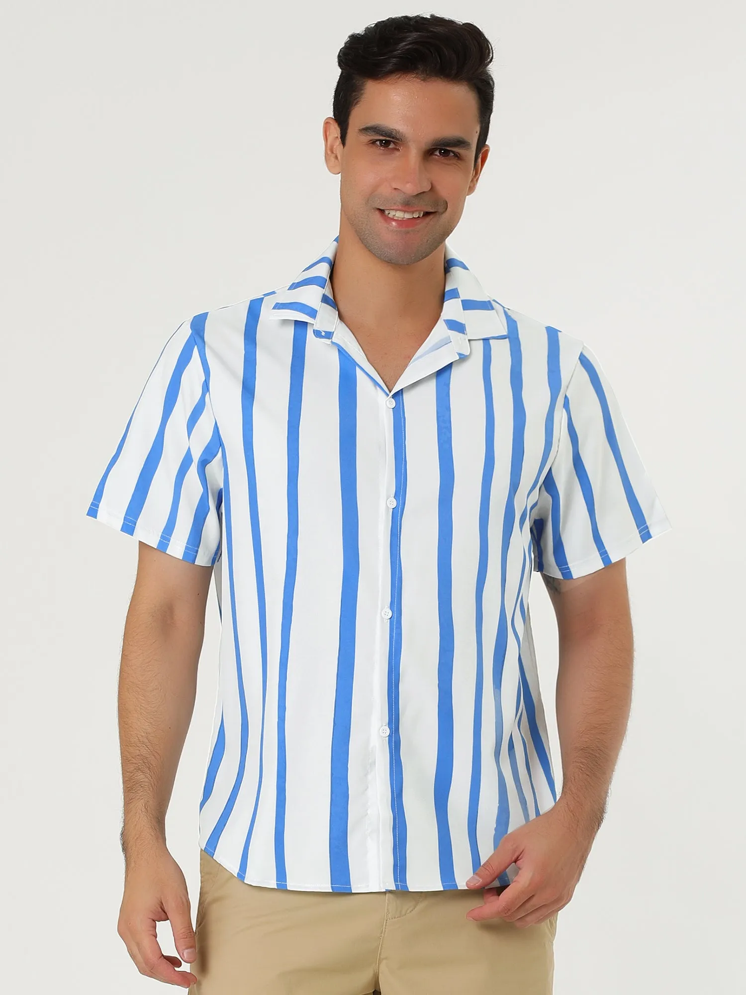 Colorful Vertical Stripe Short Sleeve Lapel Button Shirt