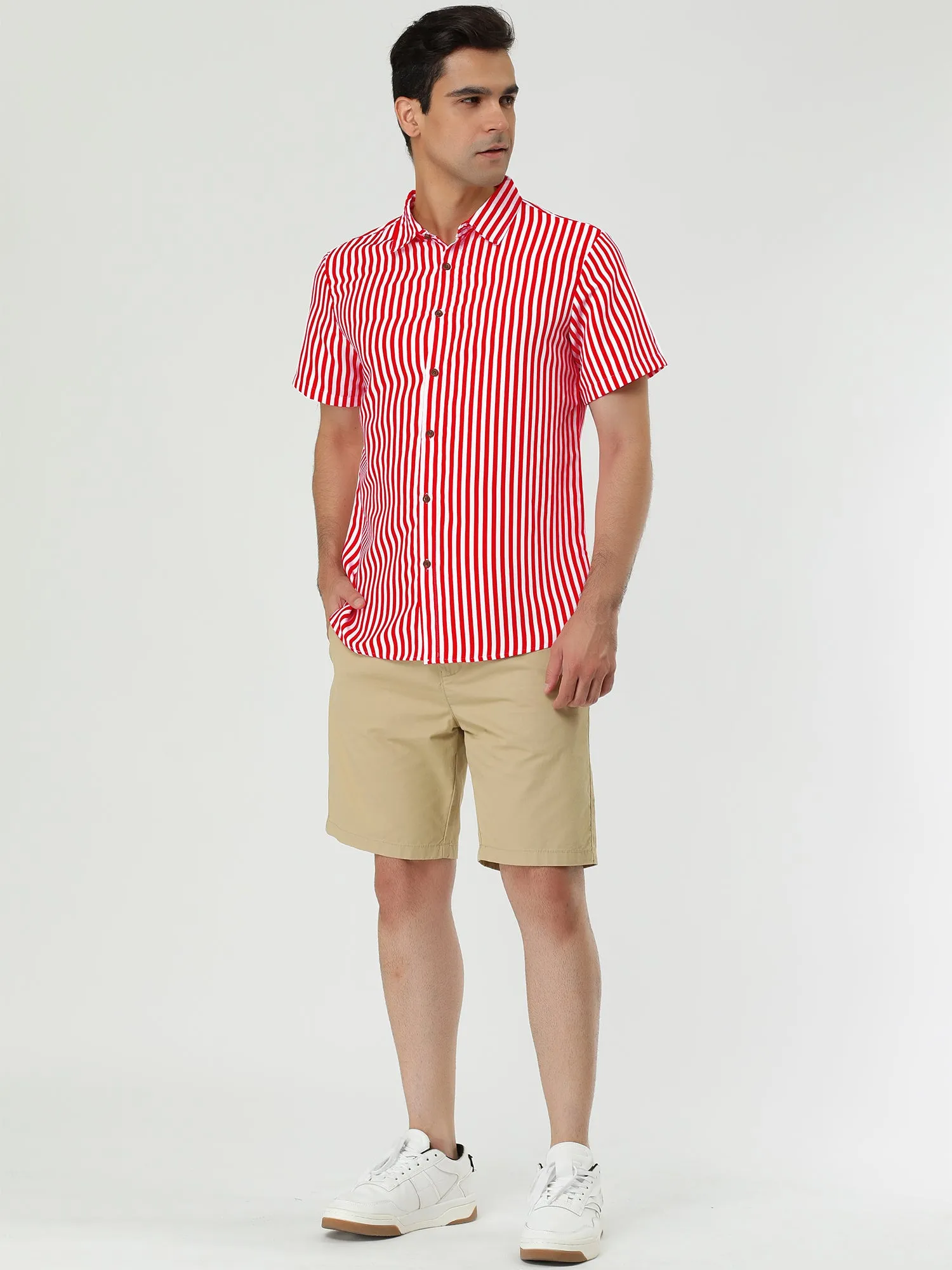 Colorful Vertical Stripe Short Sleeve Lapel Button Shirt