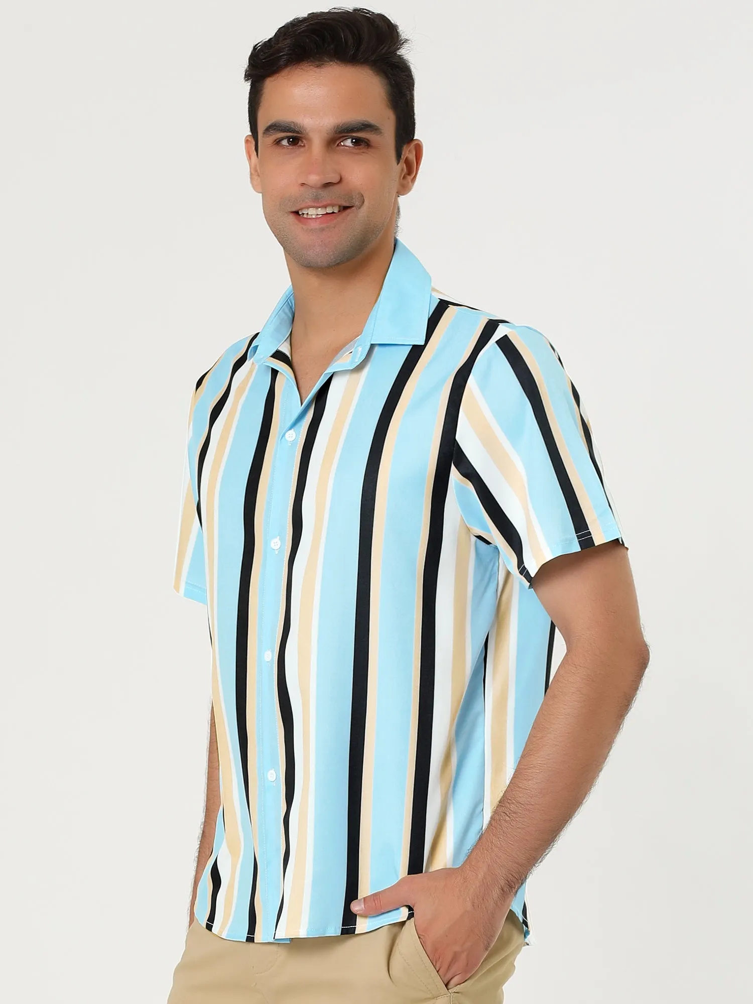 Colorful Vertical Stripe Short Sleeve Lapel Button Shirt