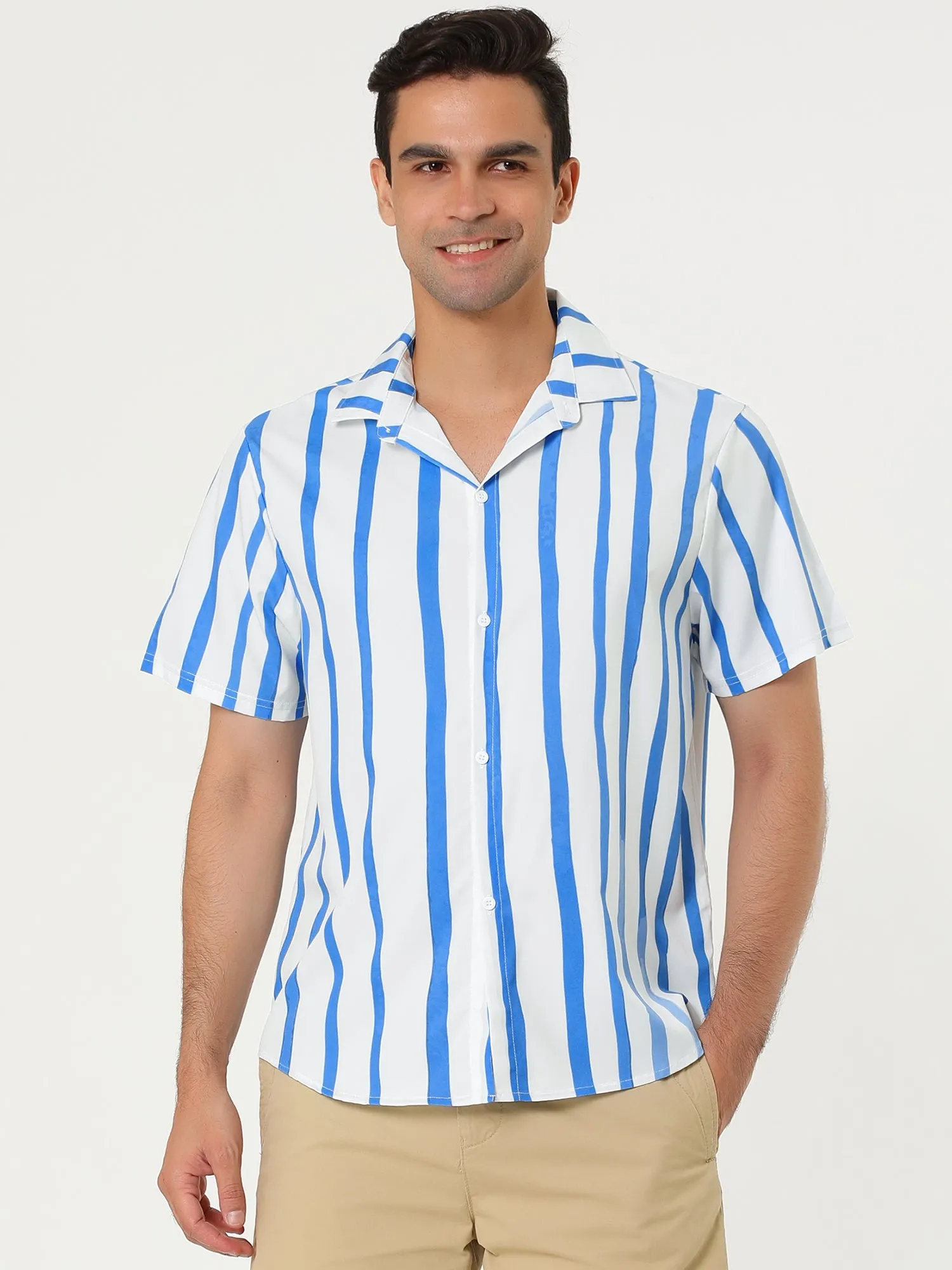 Colorful Vertical Stripe Short Sleeve Lapel Button Shirt