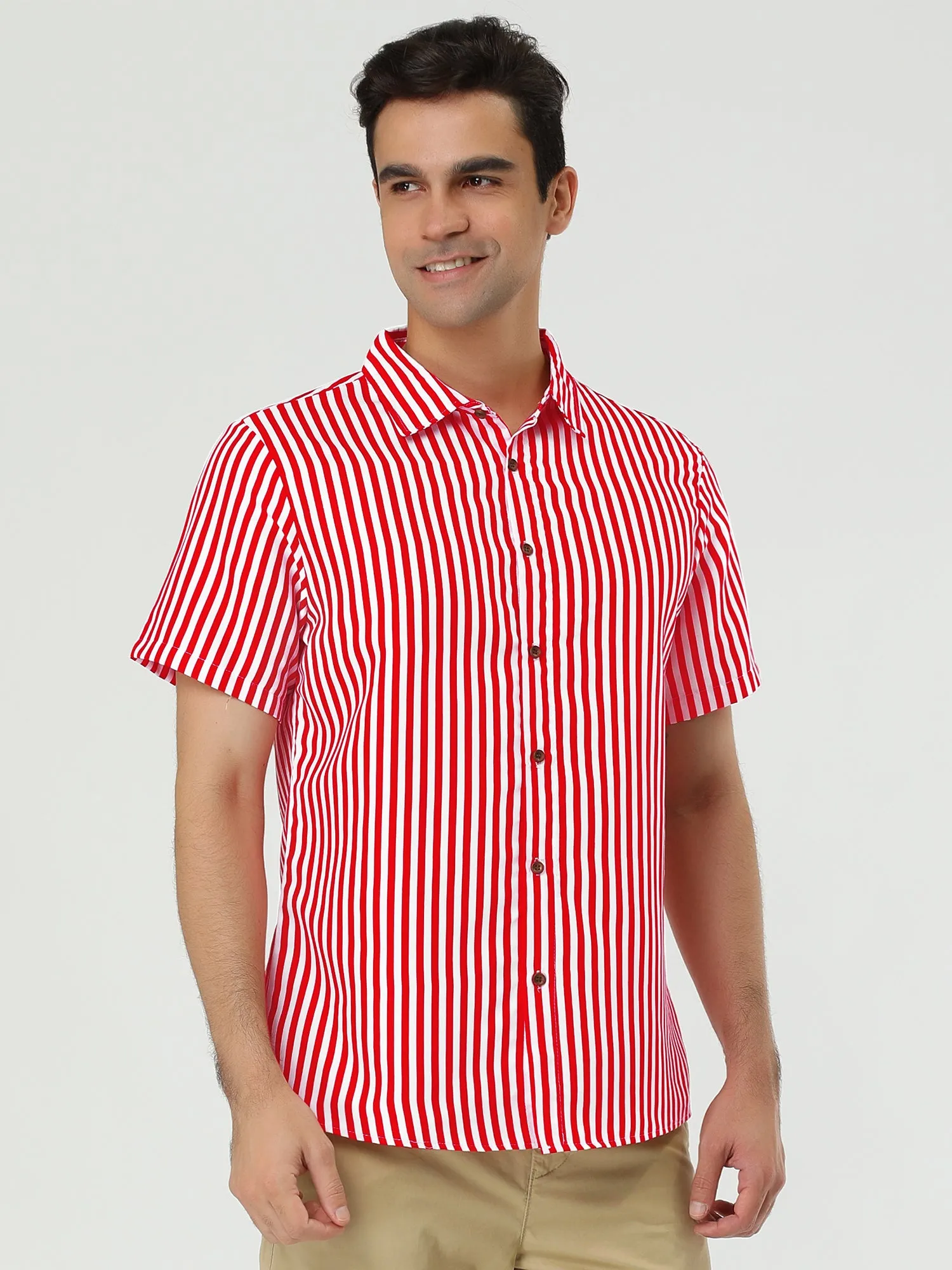 Colorful Vertical Stripe Short Sleeve Lapel Button Shirt