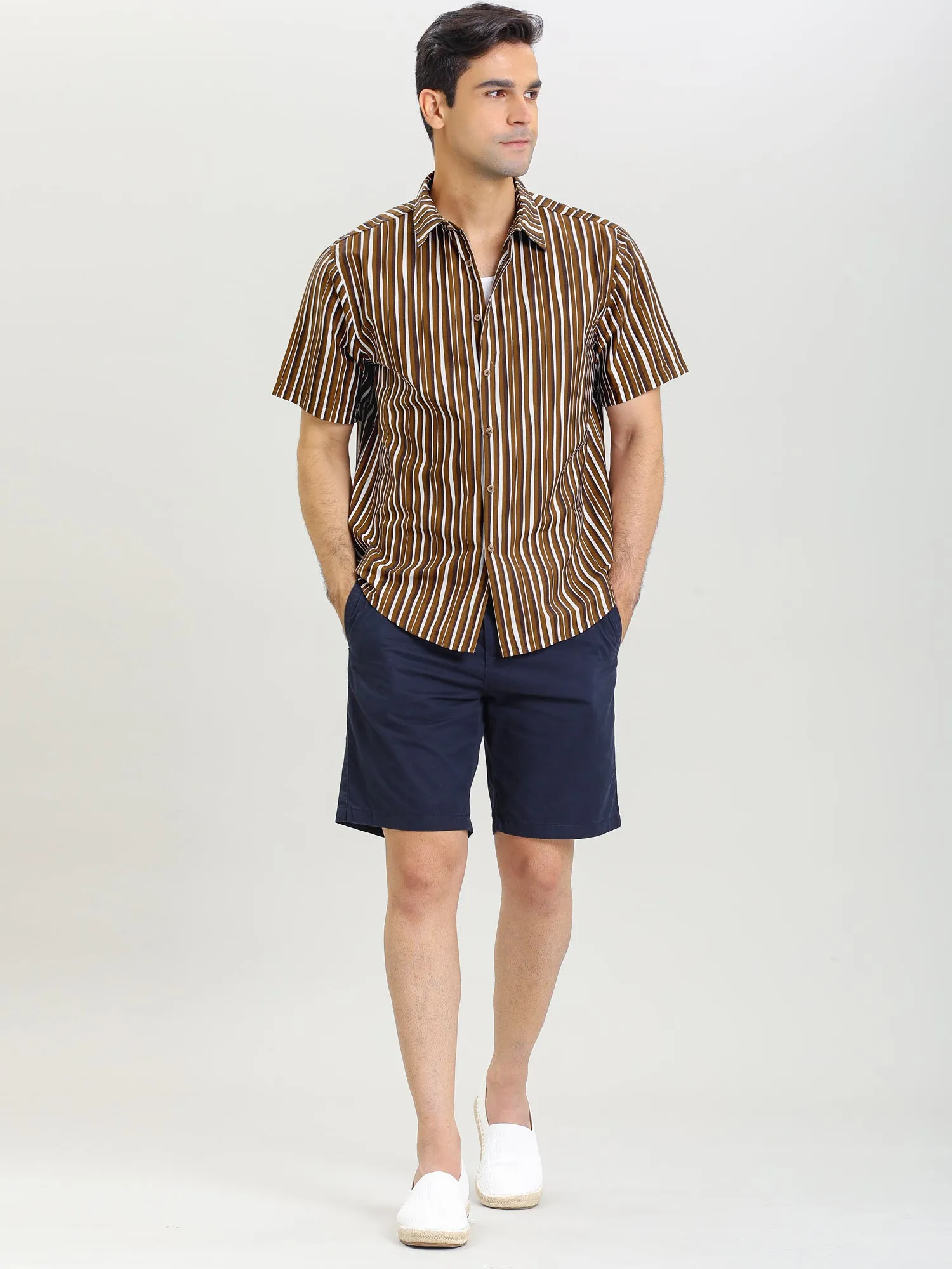 Colorful Vertical Stripe Short Sleeve Lapel Button Shirt