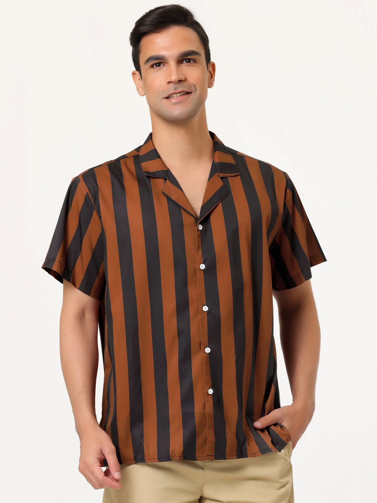 Colorful Vertical Stripe Short Sleeve Lapel Button Shirt