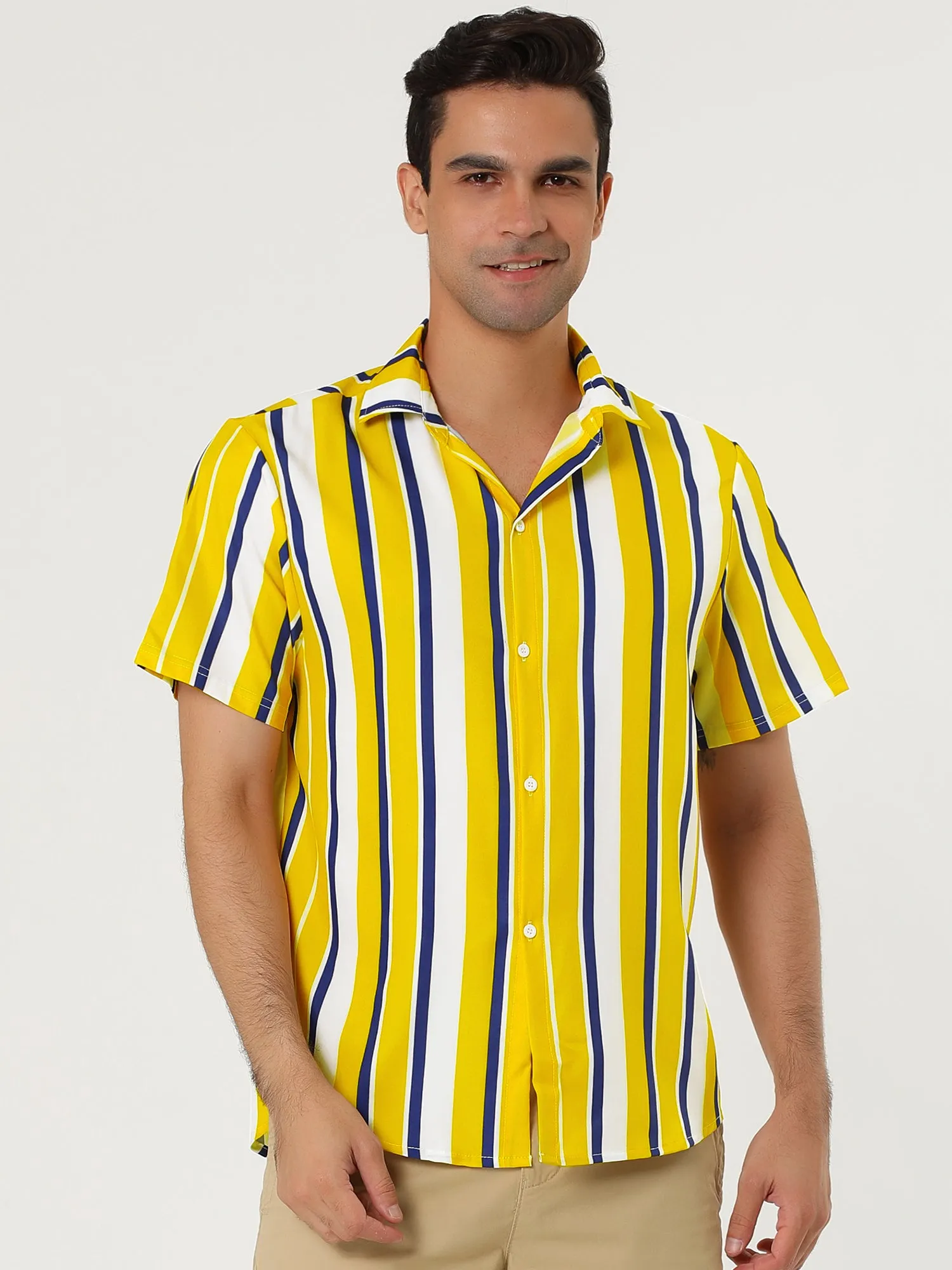 Colorful Vertical Stripe Short Sleeve Lapel Button Shirt