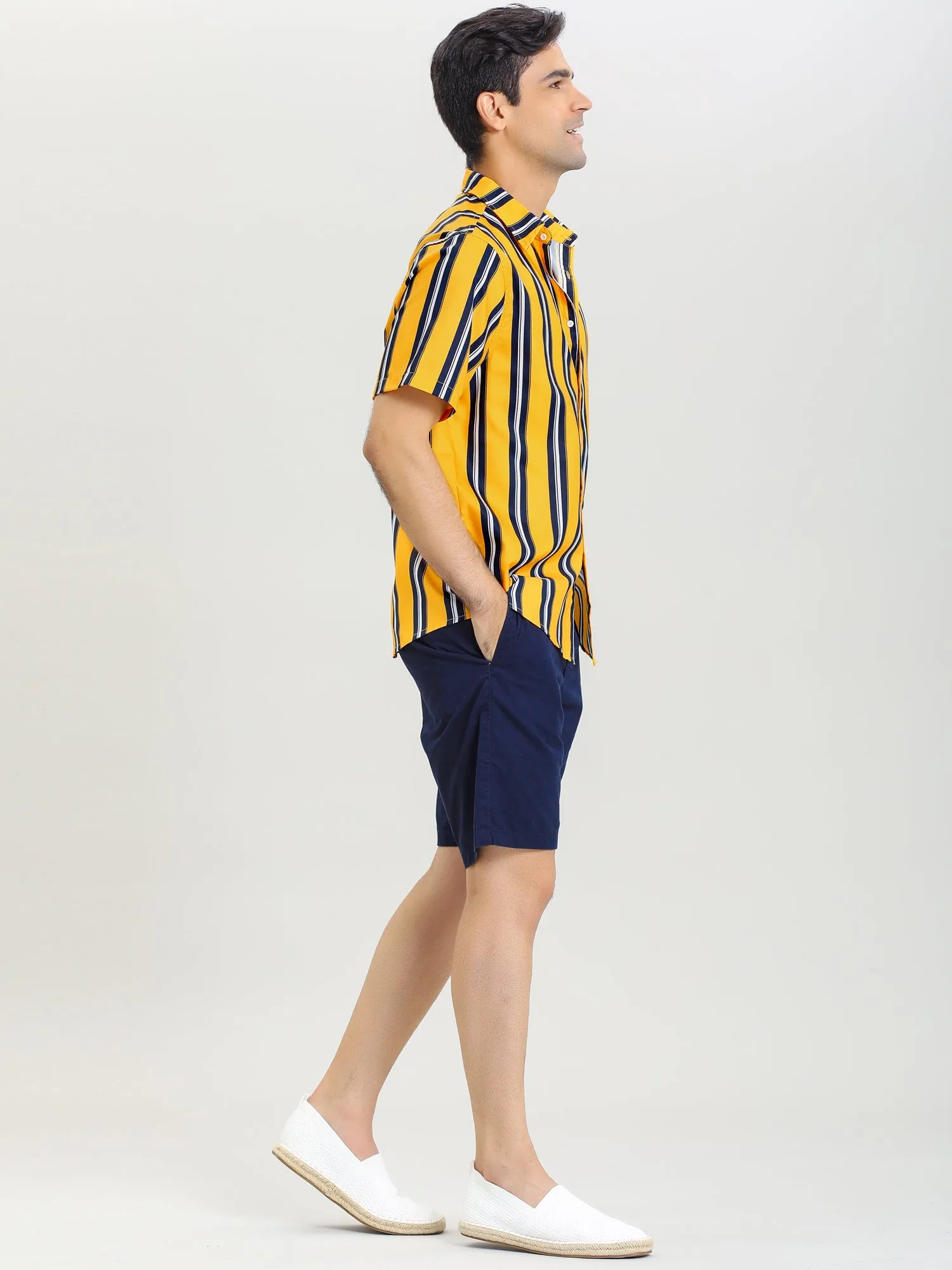 Colorful Vertical Stripe Short Sleeve Lapel Button Shirt