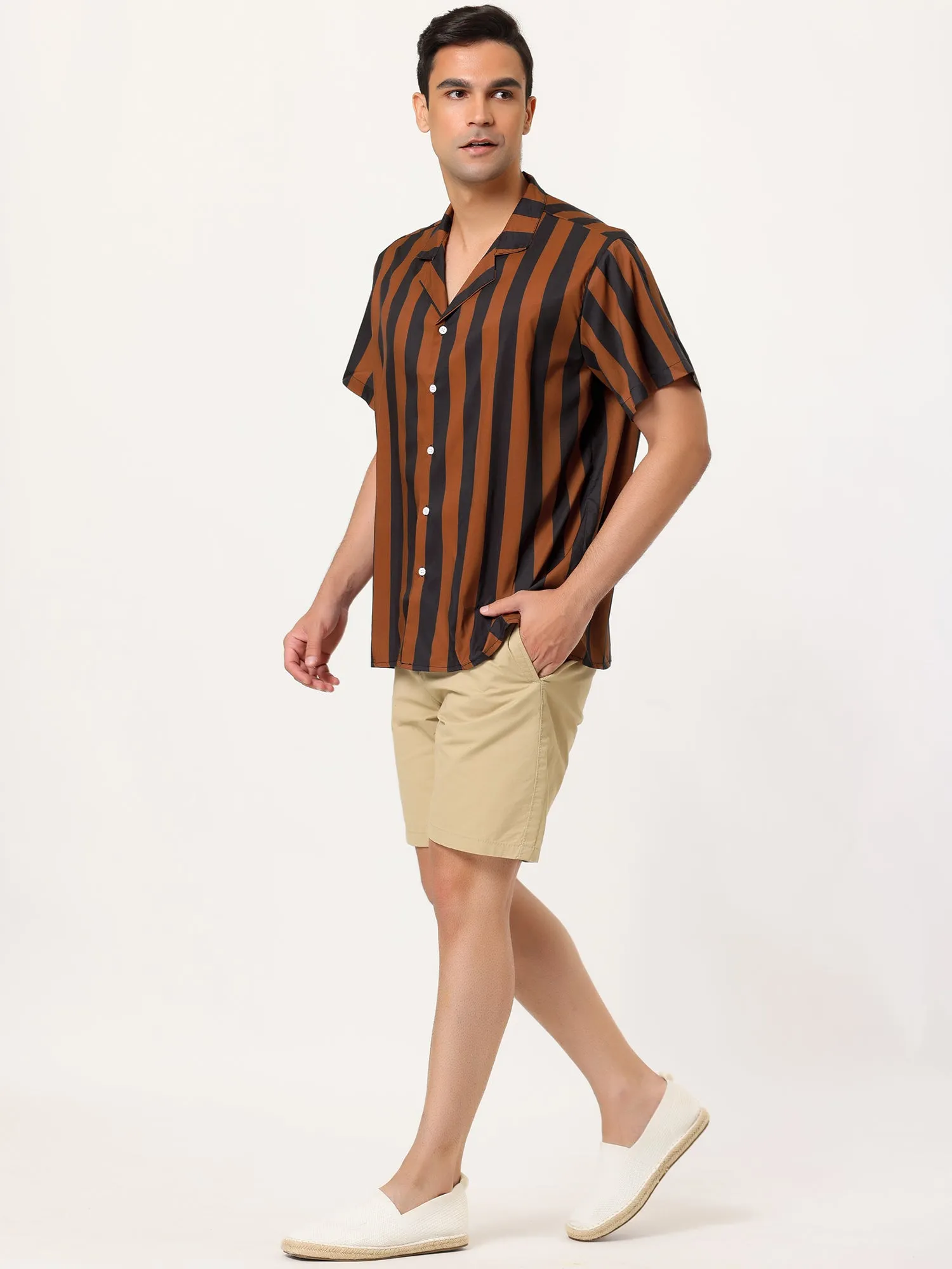 Colorful Vertical Stripe Short Sleeve Lapel Button Shirt