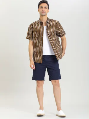 Colorful Vertical Stripe Short Sleeve Lapel Button Shirt