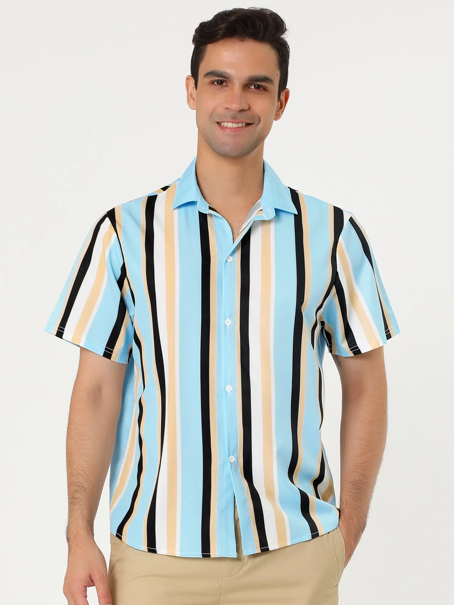 Colorful Vertical Stripe Short Sleeve Lapel Button Shirt