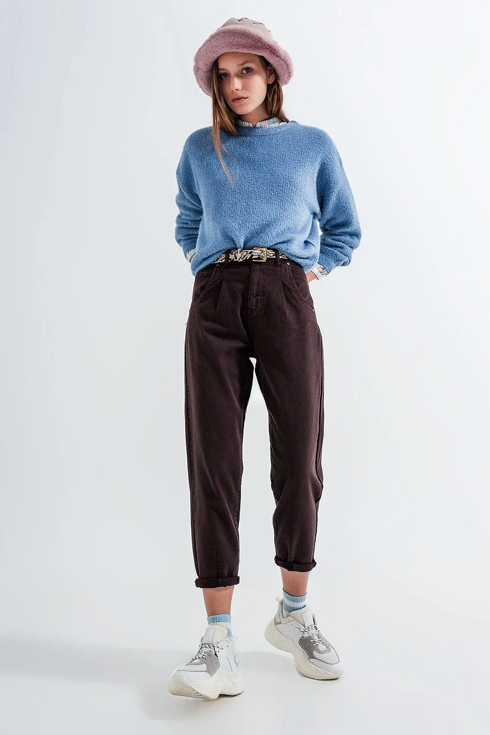 Crew Neck Jumper In Rib With Fluffy Yarn In Blue