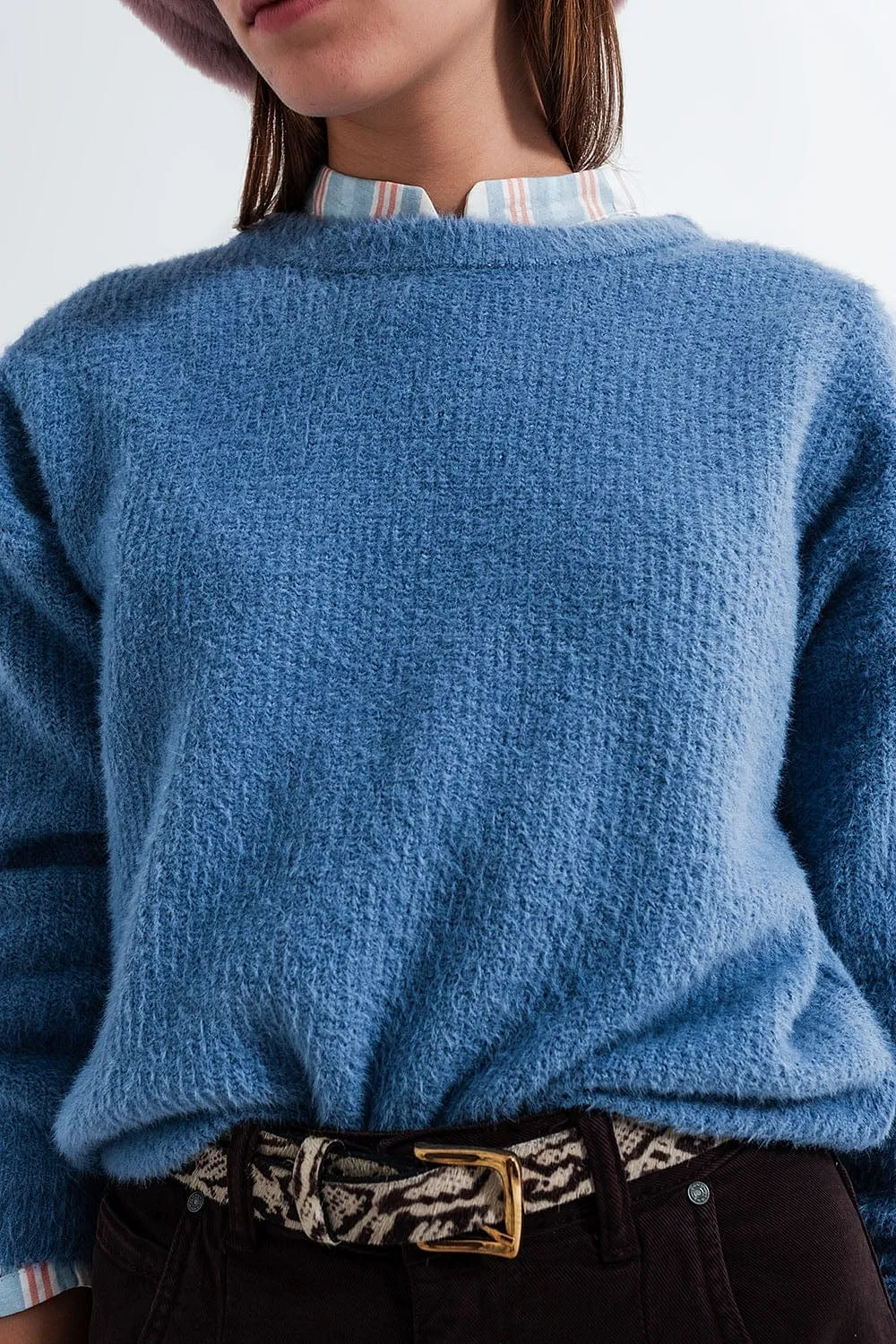 Crew Neck Jumper In Rib With Fluffy Yarn In Blue