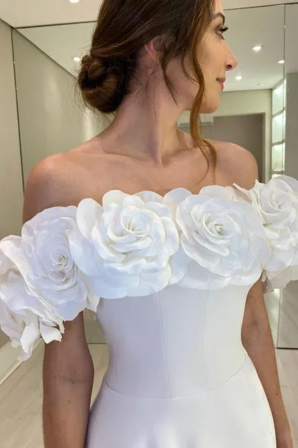 Designer A-Line Satin Off-The-Shoulder Sleeveless White Wedding Dresses With Split