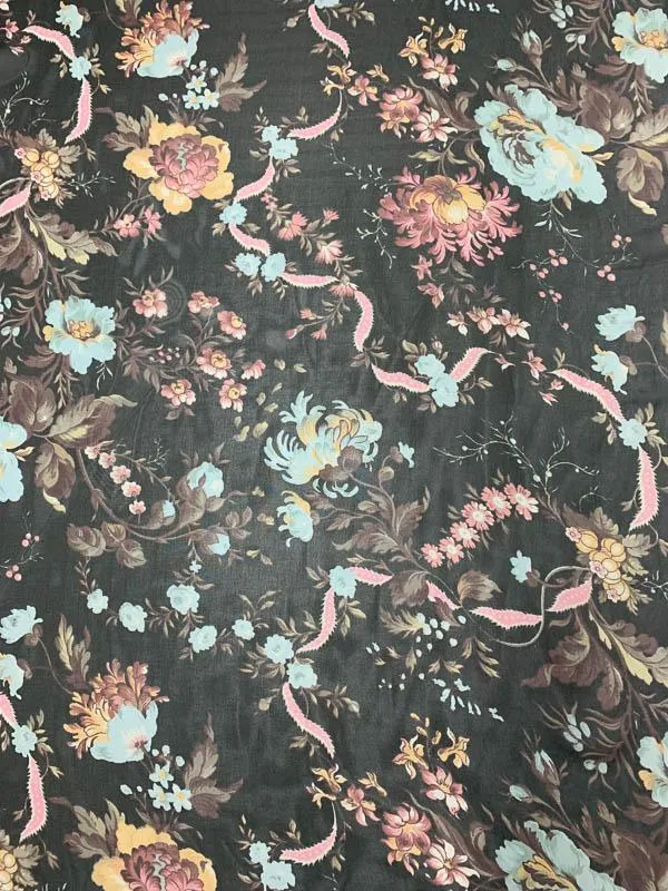 Double Border Floral Printed  Silk Chiffon - Blue / Pink / Multicolor