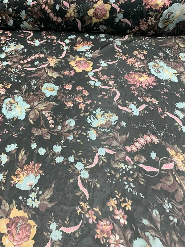 Double Border Floral Printed  Silk Chiffon - Blue / Pink / Multicolor