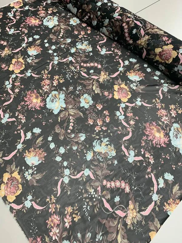 Double Border Floral Printed  Silk Chiffon - Blue / Pink / Multicolor
