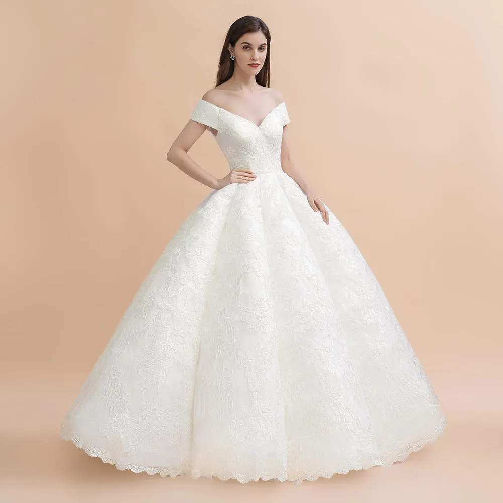 Elegant Off-the-Shoulder White Lace Appliques Bridal Gowns Wedding Dress