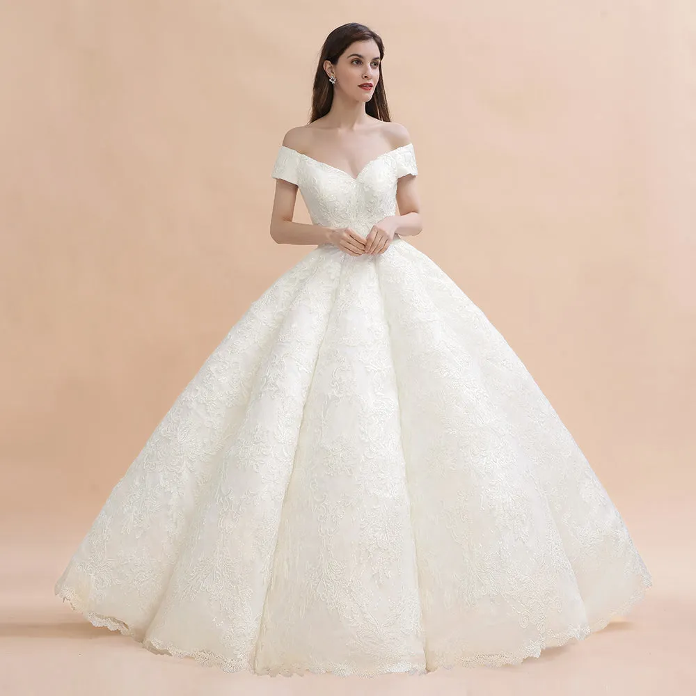 Elegant Off-the-Shoulder White Lace Appliques Bridal Gowns Wedding Dress