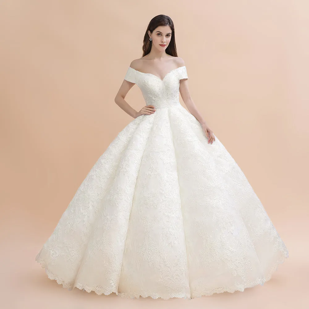 Elegant Off-the-Shoulder White Lace Appliques Bridal Gowns Wedding Dress