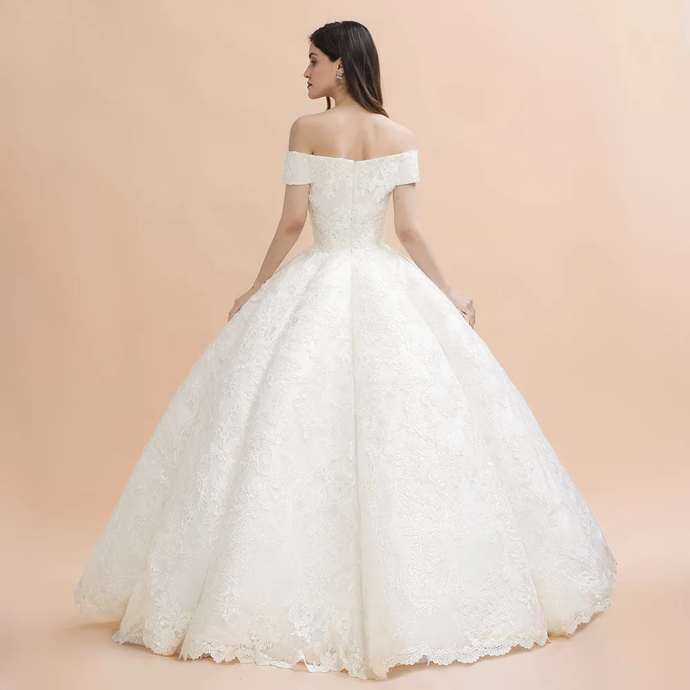 Elegant Off-the-Shoulder White Lace Appliques Bridal Gowns Wedding Dress