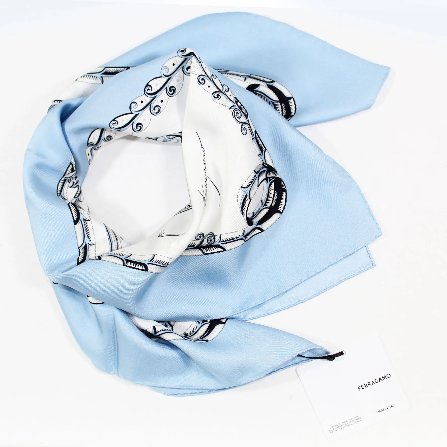Ferragamo Scarf Blue Fish Design - Twill Silk Foulard SALE