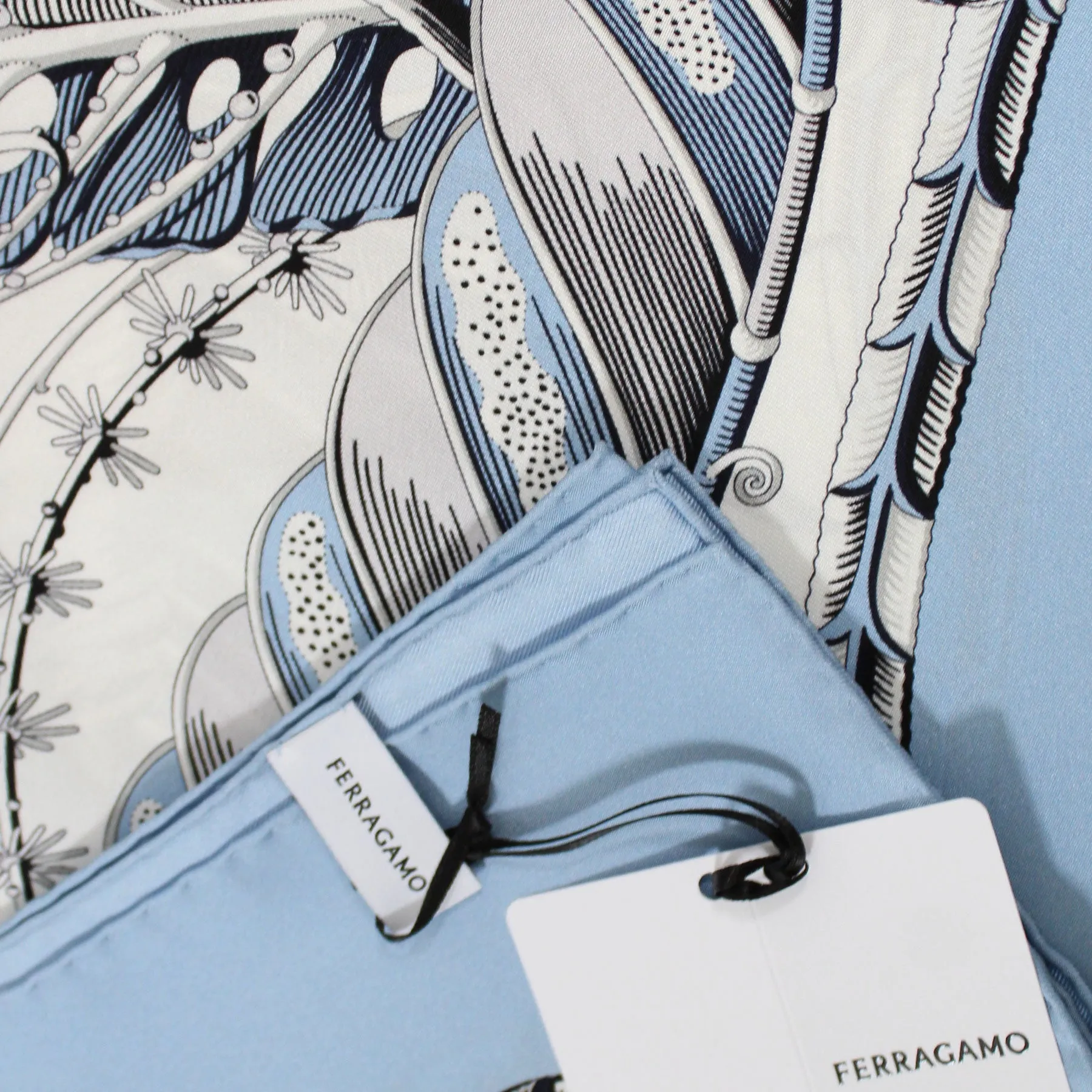 Ferragamo Scarf Blue Fish Design - Twill Silk Foulard SALE