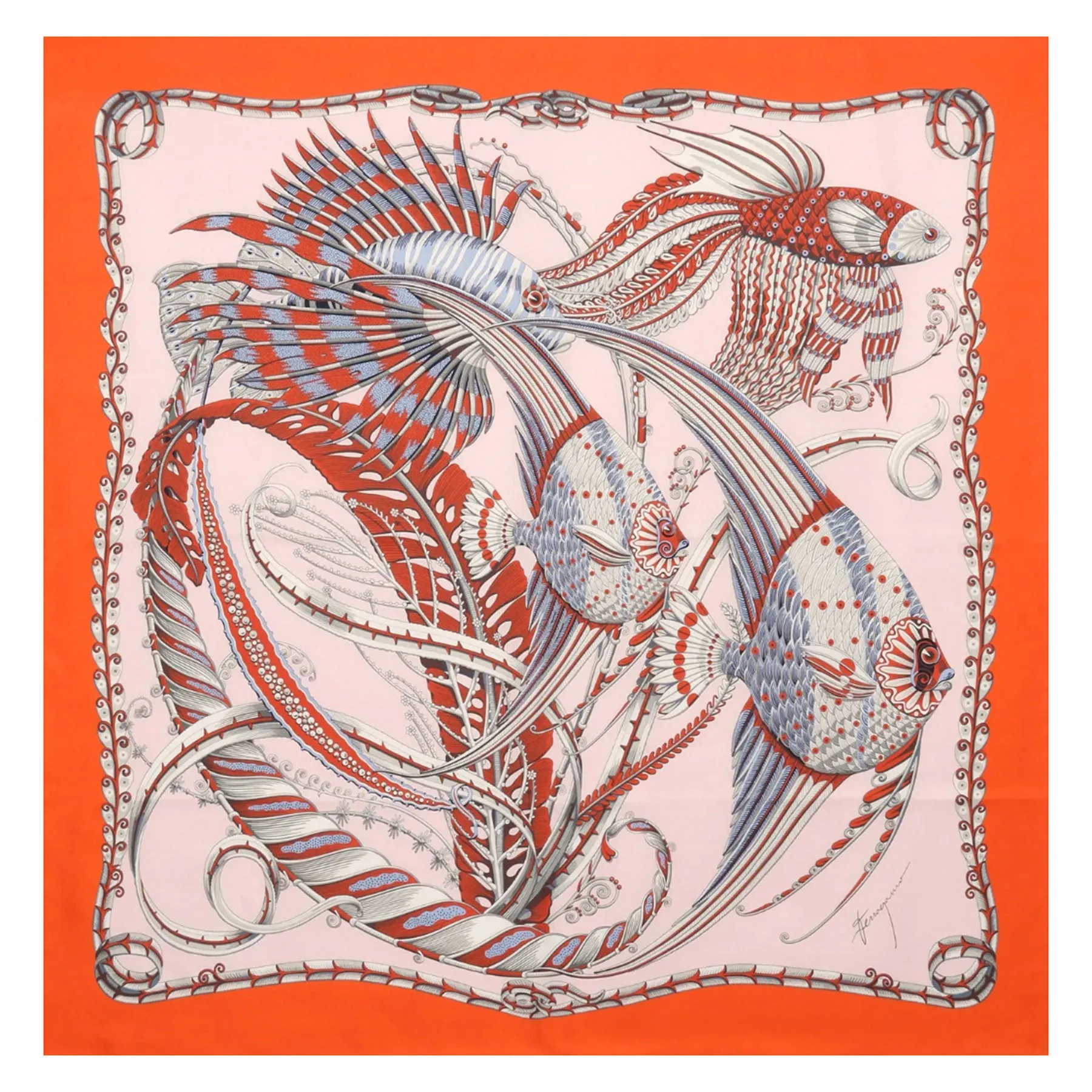 Ferragamo Scarf Blue Fish Design - Twill Silk Foulard SALE