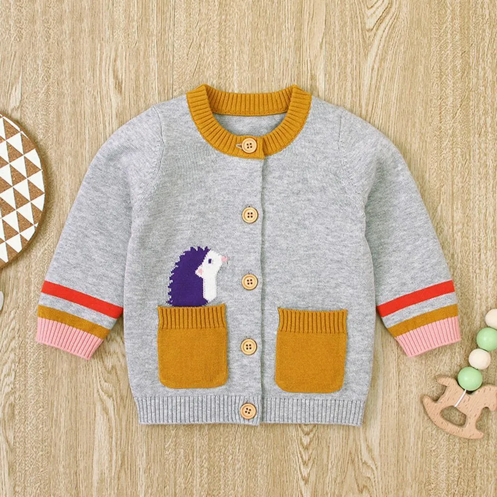 Girls 4PCS Pocket Hedgehog Embroidered Long Sleeve Sweaters